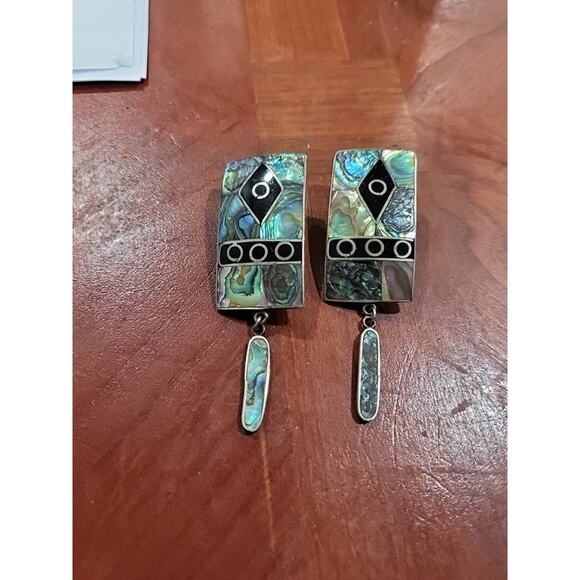 Vintage Silver Alpaca Mexico Dangle Earrings Abalone Inlay Rectangle - Picture 3 of 11